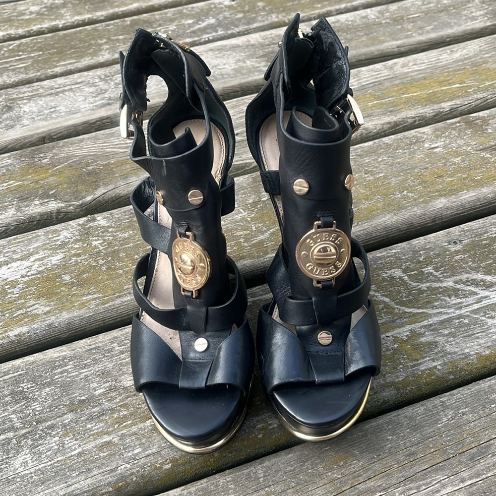 Guess Black and Gold Women's Wedge Sandals Size 6.5